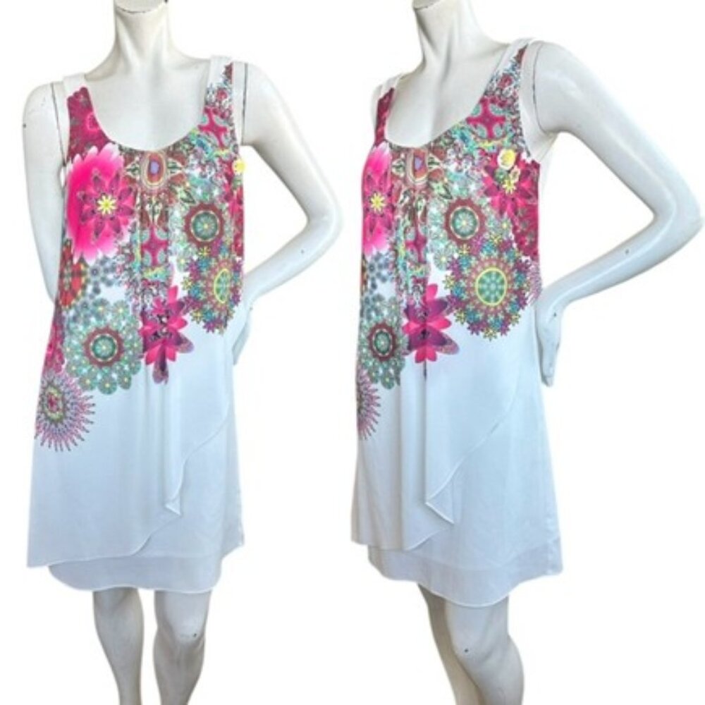 Desigual White Sleeveless Tiered Bead Floral Print Mini Corvus Dress Size 36 XS